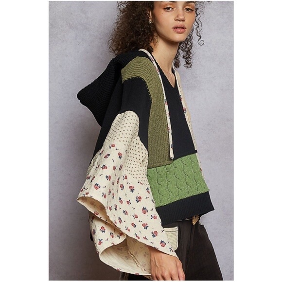 POL Floral Print Color Block Chenille V neck oose Fit Sweater Top - Picture 3 of 4